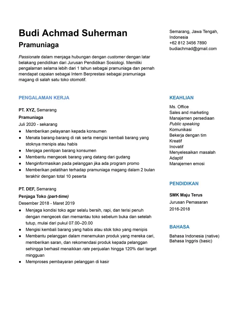 contoh menulis pengalaman kerja di cv