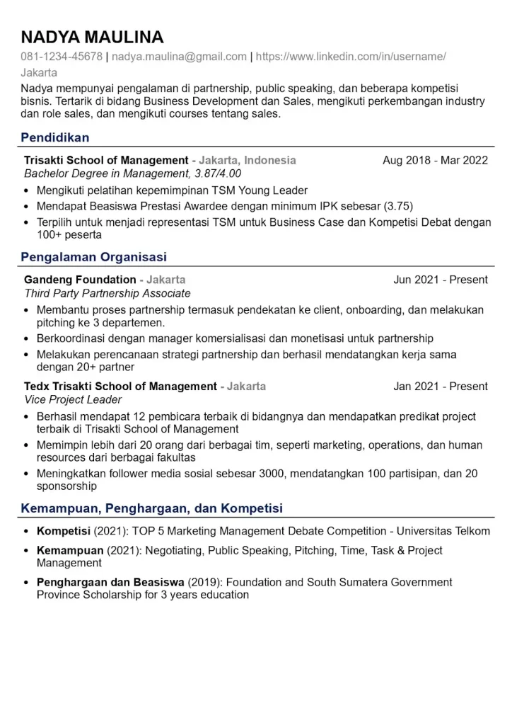 contoh cv fresh graduate