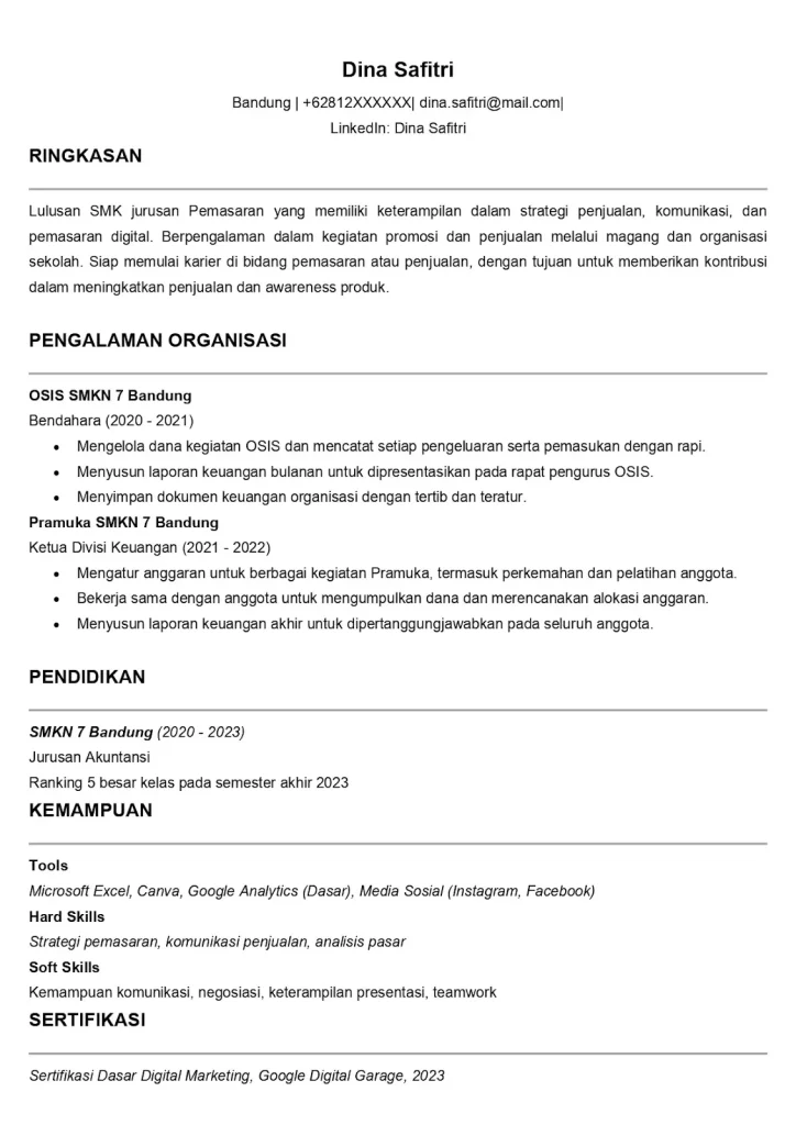 contoh cv lamaran kerja lulusan smk