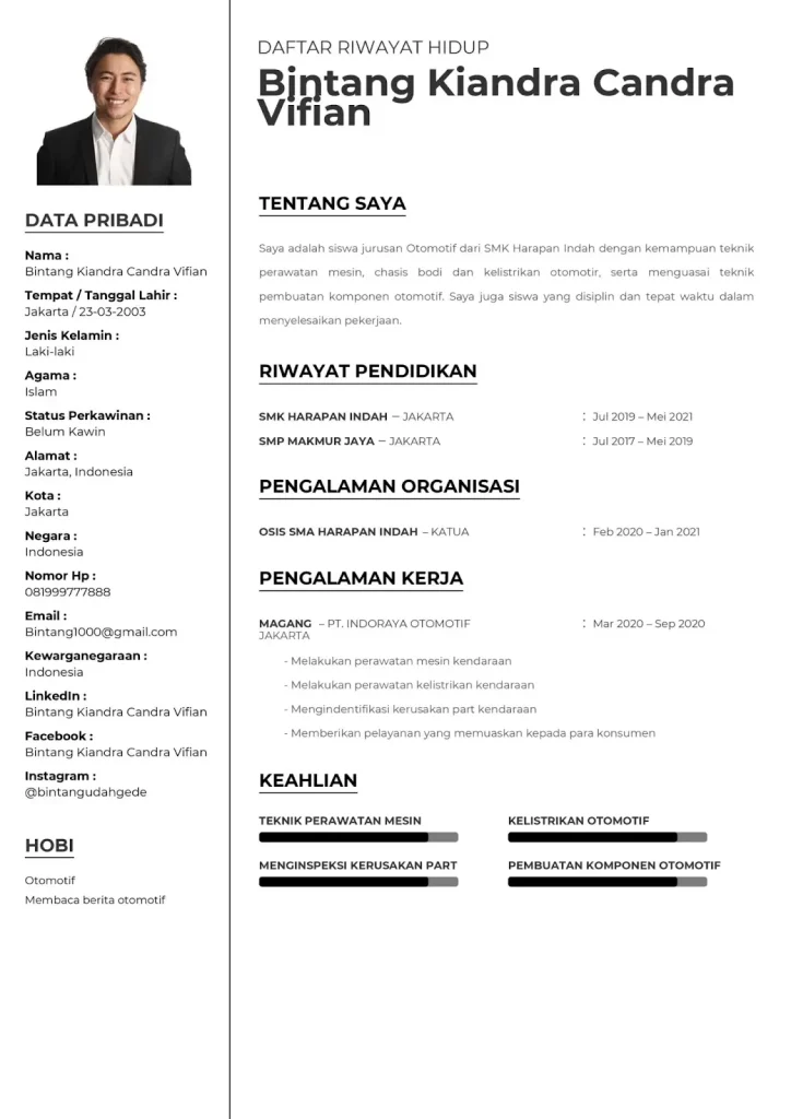 contoh cv lamaran kerja lulusan smk