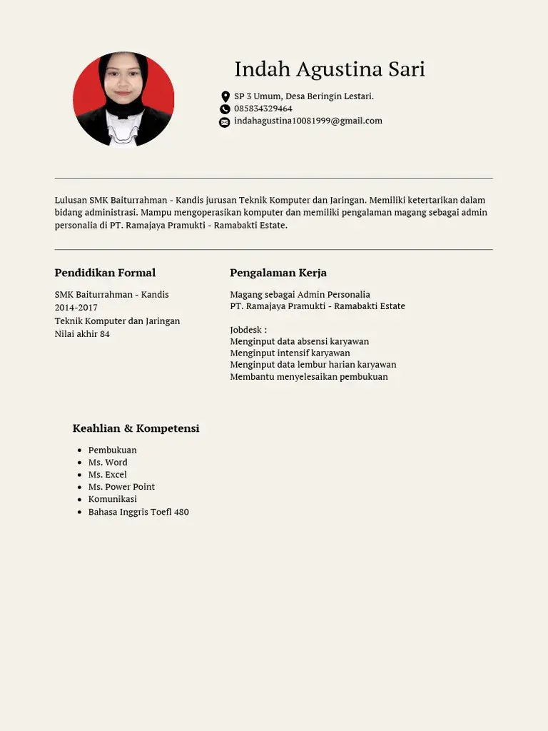 CV Staf Admin Fresh Graduate Tanpa Pengalaman Kerja