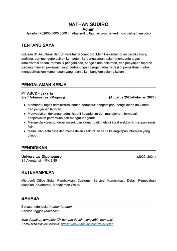 CV Staf Admin Fresh Graduate dengan Pengalaman Magang