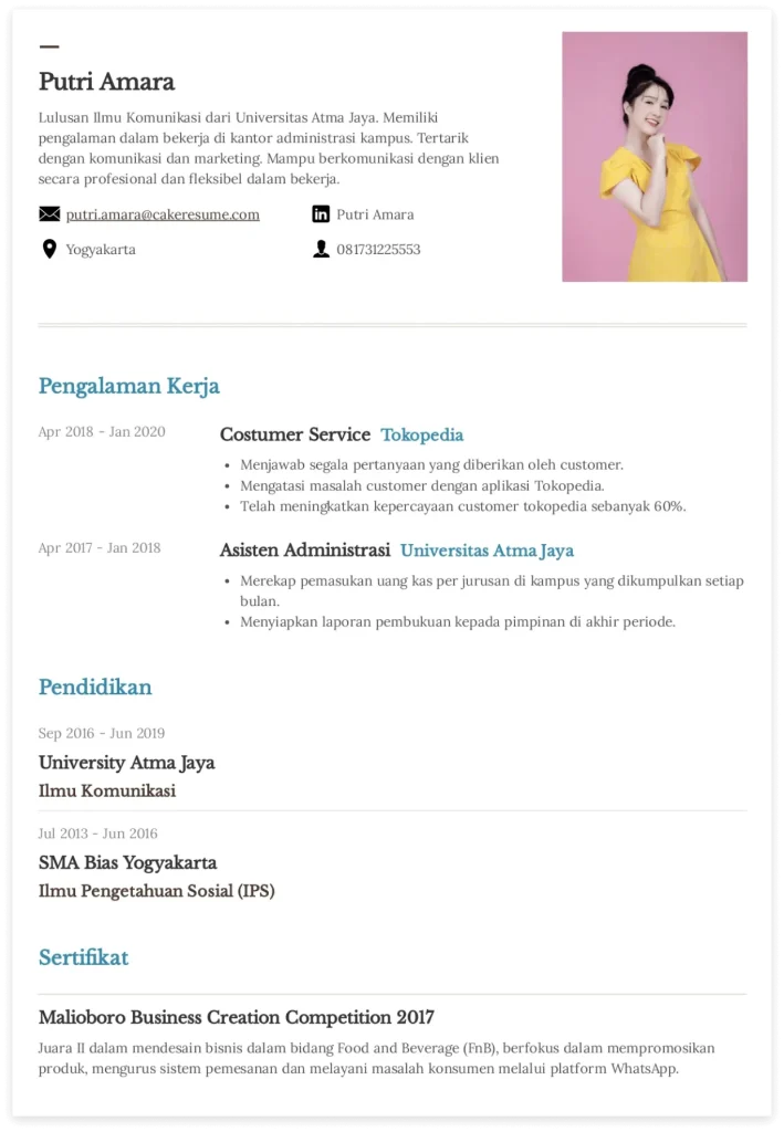 CV Staf Admin dengan Pengalaman Kerja 1–2 Tahun