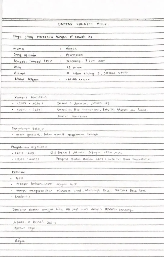 contoh cv tulis tangan