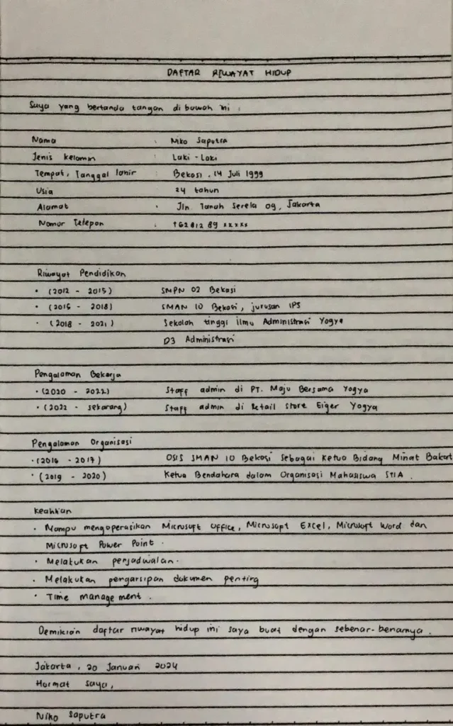 contoh cv tulis tangan