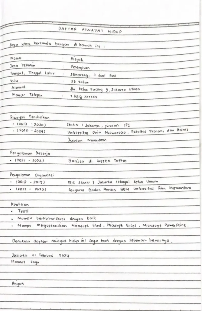 contoh cv tulis tangan