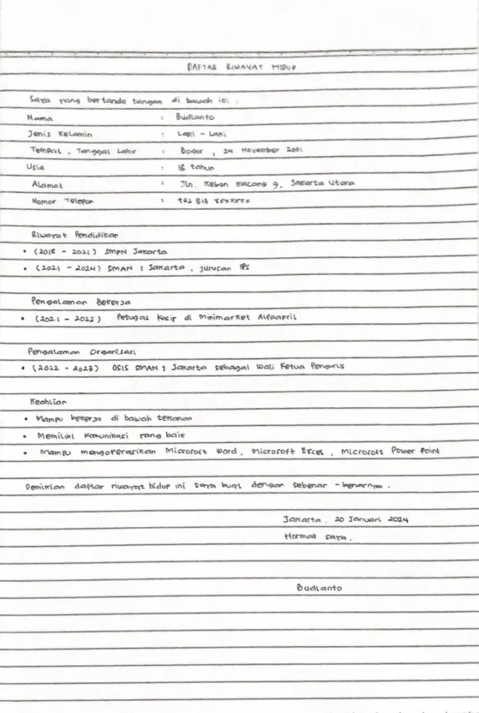 contoh cv tulis tangan