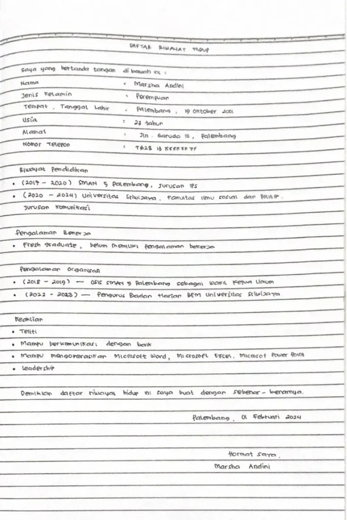contoh cv tulis tangan