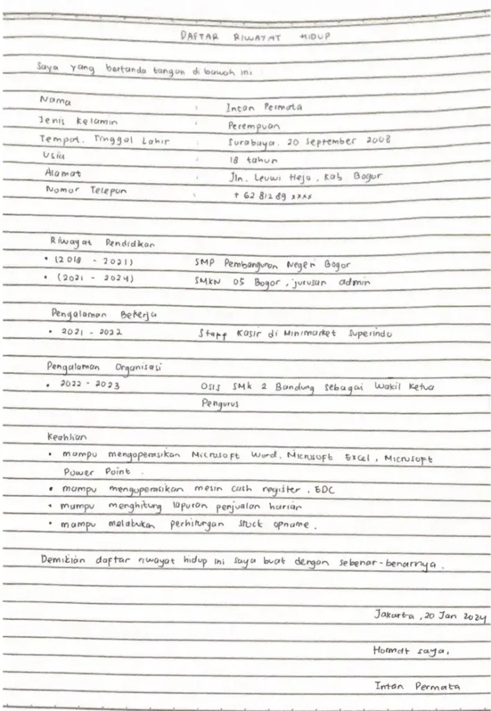 contoh cv tulis tangan