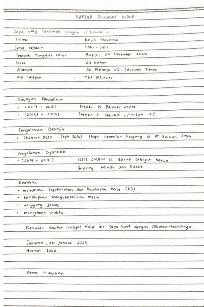 contoh cv tulis tangan