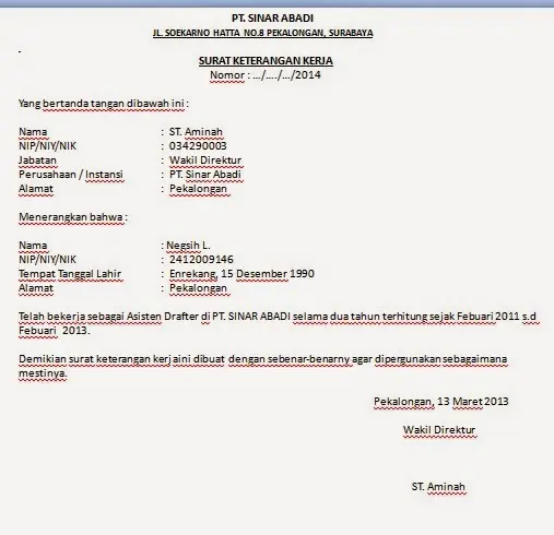 Contoh Surat Keterangan Kerja