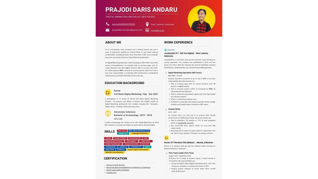 Contoh CV Digital Marketing SEO Specialist